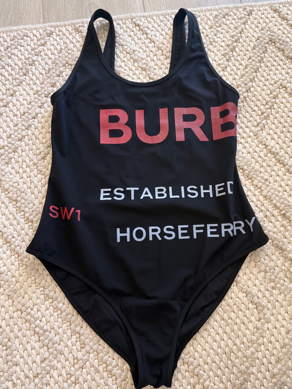 Burberry Black One-Piece Swimsuit with Red and White Logo